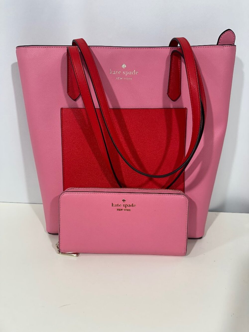 Kate Spade New York Pink & Red Colorblock Tote Bag with Matching Zip Wallet Set